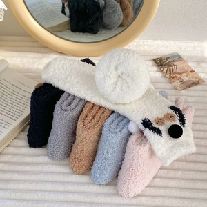 Thick coral fleece winter socks for women with cute 3D pom-pom and puppy pattern