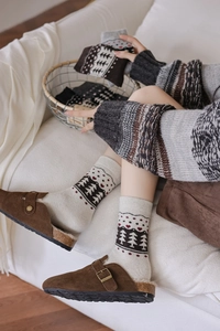 Detail of wool socks with festive Fair Isle patterns and cozy sherpa-lined mules