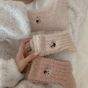 Three pairs of warm coral fleece fuzzy socks with cute animal embroidery for winter