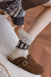 Close-up of Fair Isle wool socks with pine tree pattern and cozy winter slippers