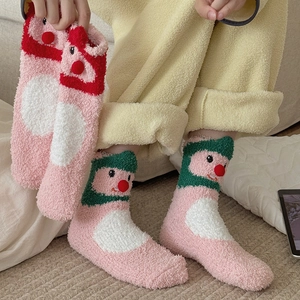 Pink coral fleece socks featuring cute cartoon beaver and reindeer holiday designs