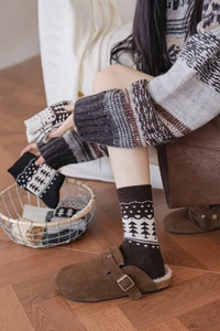 Detail of wool-blend socks with retro Fair Isle jacquard patterns in a cozy winter setting
