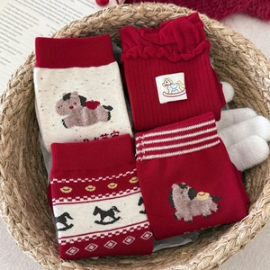 Women Festive Red New Year Crew Socks Combed Cotton Seamless Pony Pattern Lucky Red Socks For Women Gift Breathable Mid Tube Cotton Socks
