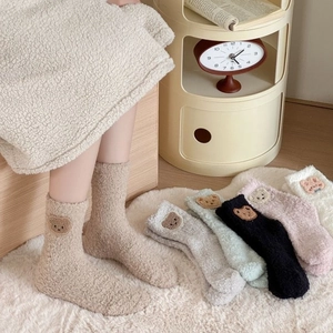 Warm coral fleece socks with cute 3D animal embroidery in various pastel colors
