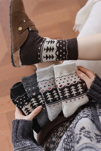 Close-up of thick knitted wool socks with Fair Isle pattern and warm winter texture