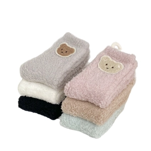 Thick coral fleece socks with cute cartoon bear embroidery in six soft pastel colors