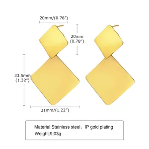 Size guide for gold square geometric stainless steel drop earrings with dimensions and weight