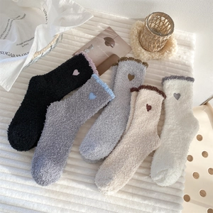 5-pack embroidered heart coral fleece thermal socks for women in assorted soft colors