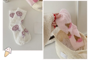 Detailed knit pattern on thick coral fleece socks with pink ice cream and white candy motifs