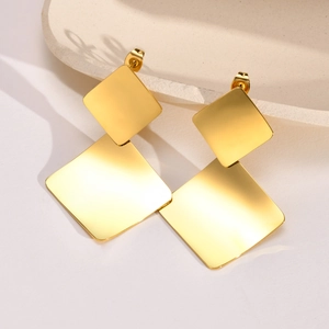 Minimalist golden stainless steel geometric square earrings with a mirror polished finish