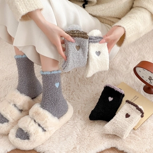 Plush coral fleece heart embroidered thermal socks for women in various cozy colors