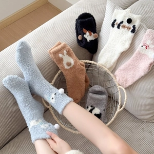 Thick coral fleece animal socks for women in multiple colors with cute 3D bunny ears