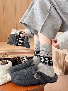 Detailed close-up of thick grey Fair Isle wool socks paired with grey felt mule slippers