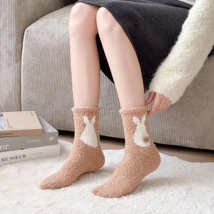 Thick coral fleece winter socks with cute 3D bunny tail on cozy plush warm home footwear