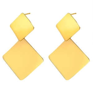 Modern double layer geometric square drop earrings in polished gold stainless steel