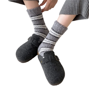 Women's dark gray felt clogs with metal buckle and thick striped coral fleece socks