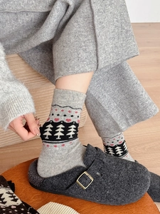Close-up of knit wool socks with grey Fair Isle patterns and warm pine tree textures