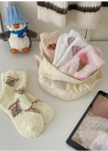 Thick coral fleece socks featuring cute 3D ice cream and bear embroidery for winter warmth