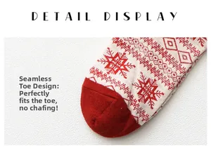 Detail display of reinforced toe seams on red Christmas reindeer knit socks
