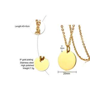 Polished 20mm round gold-plated stainless steel coin necklace with adjustable 45+5cm chain