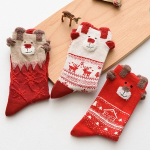 Women Christmas Socks Red Reindeer Snowflake Jacquard Cotton Blend Mid Calf Socks With 3D Ears Warm Holiday Gift