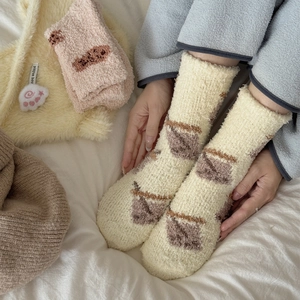 Plush coral fleece warm mid-tube socks with cute coffee pattern for home wear