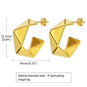 Gold stainless steel irregular C-shape diamond earrings with IP vacuum plating finish
