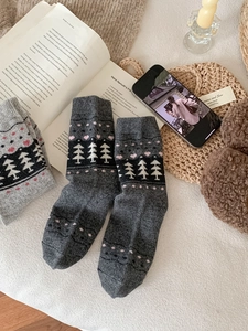 Detail of wool socks with Fair Isle heart and tree patterns on a cozy winter backdrop