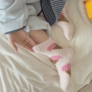 Pink coral fleece mid-calf socks with ice cream pattern for cozy winter home wear