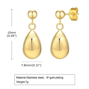 Polished gold plated stainless steel teardrop earrings for women with bead studs