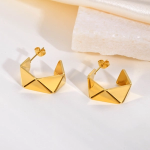 Modern Geometric Irregular C-Shaped Hoop Earrings For Women Gold Plated Stainless Steel 3D Folding Design Jewelry Gift