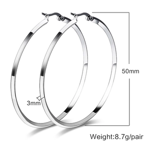 Detailed dimensions of 50mm silver hoop earrings showing 3mm width and weight specs
