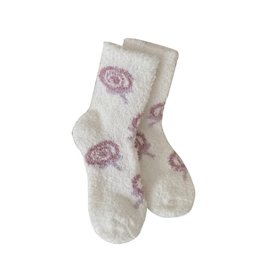 Plush coral fleece mid-calf socks with cute purple lollipop pattern for winter warmth