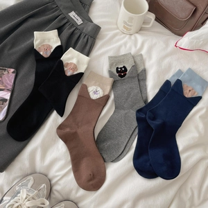 Cute embroidered cotton socks for women featuring cat and dog animal patterns in four colors