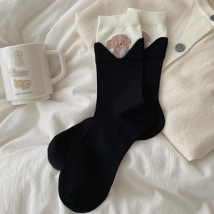 Cute cartoon cotton socks with brown poodle embroidery and stylish V-cut contrast cuffs
