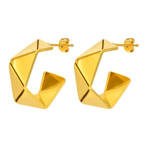 Minimalist gold stainless steel C-shape earrings with geometric faceted rhombic design