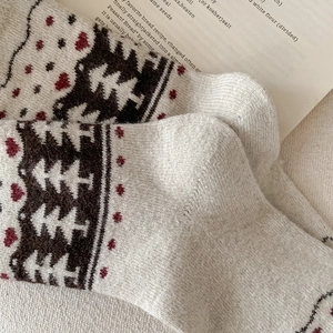 Detailed view of Fair Isle wool socks with vintage pine patterns and warm knit texture