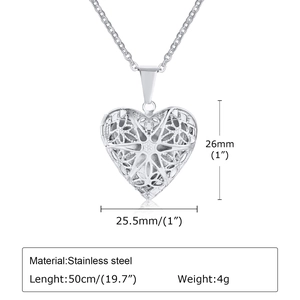 Detail showing dimensions and material specs of silver stainless steel heart locket necklace