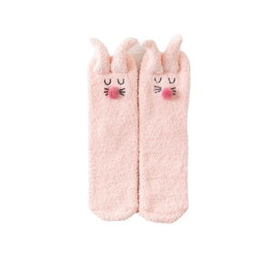 Pink coral fleece rabbit slippers socks with plush 3D ears and cute embroidery