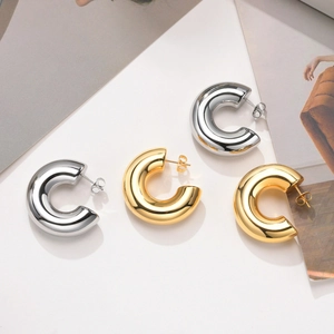 Boucles d'Oreilles Créoles Minimalistes en Acier Inoxydable Poli en Forme de C pour Femmes Or Argent Bijoux de Mode