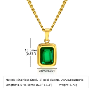 Gold stainless steel necklace with emerald-cut green cubic zirconia pendant for women