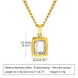 Detailed view of rectangular white zircon pendant with dimensions and product specifications