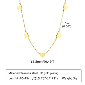 Détails et dimensions du collier cœur en acier inoxydable doré, longueur de 40-45 cm