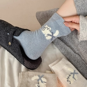 Chaussettes épaisses en laine pour femmes avec motif chat et rubans bleus tressés