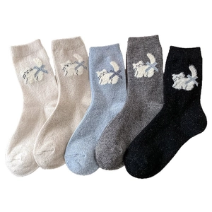Lot de 5 paires de chaussettes épaisses en laine pour femmes avec broderie chat