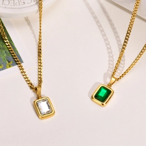 Gold stainless steel rectangle emerald and white zircon pendant cuban chain necklace
