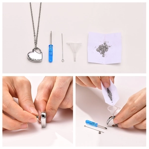 Detailed guide showing how to fill the heart-shaped stainless steel cremation jewelry pendant