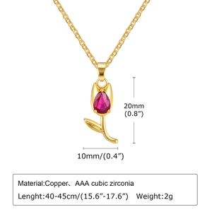 Détails du collier tulipe avec zircone rouge en forme de goutte et infos matière