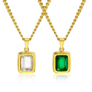 Gold stainless steel twist chain necklaces with green and white rectangle zircon pendants