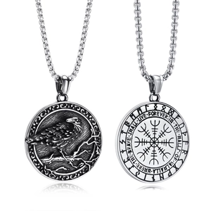 Pendentif boussole Vegvisir et corbeau viking en acier inoxydable de style rétro
